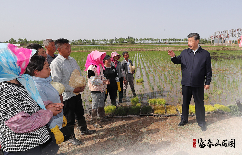 2020年6月9日，習(xí)近平在寧夏回族自治區(qū)銀川市賀蘭縣稻漁空間鄉(xiāng)村生態(tài)觀光園，同正在勞作的村民親切交談。