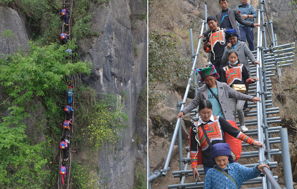 “懸崖村”今昔對(duì)比：左圖為2016年5月14日，孩子們?cè)诩议L(zhǎng)保護(hù)下攀爬木梯回家。右圖為2020年5月13日，昭覺(jué)縣支爾莫鄉(xiāng)阿土列爾村村民帶著行李通過(guò)鋼梯下山，搬遷至易地扶貧集中安置點(diǎn)的新家。